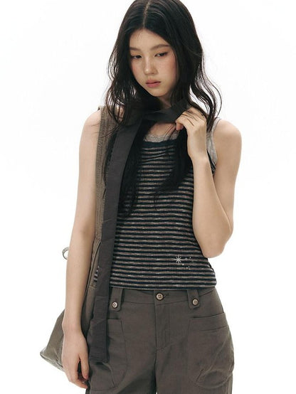 NAPSNAPS Navy Stripe Square Neck Embroidered Slim Women&