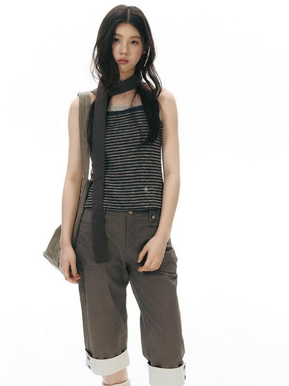 NAPSNAPS Navy Stripe Square Neck Embroidered Slim Women&