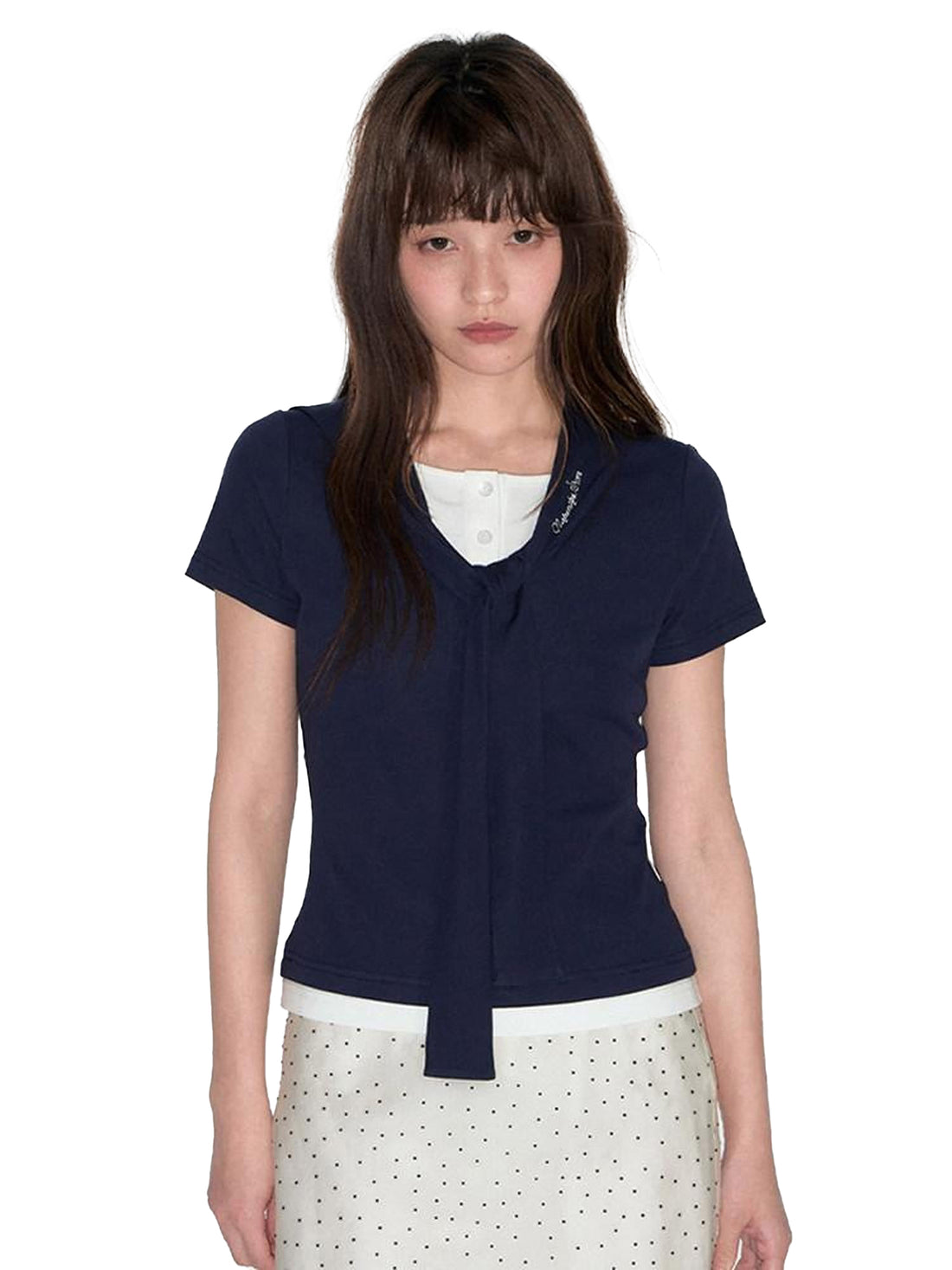NAPSNAPS Navy White Sailor Collar Spliced Embroidered Women&