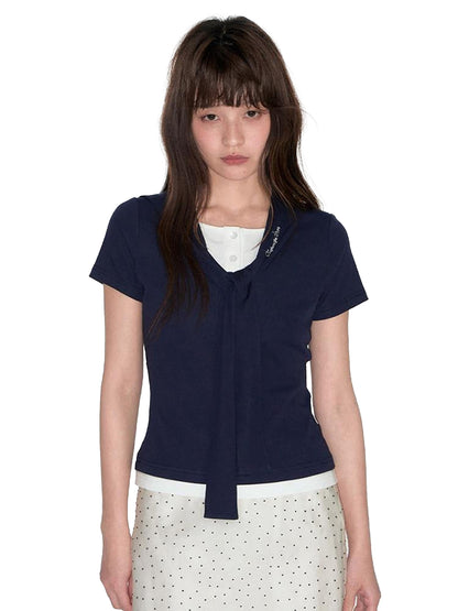 NAPSNAPS Navy White Sailor Collar Spliced Embroidered Women&
