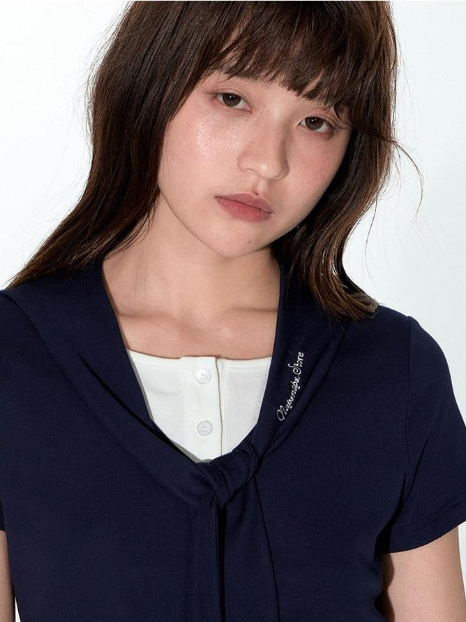 NAPSNAPS Navy White Sailor Collar Spliced Embroidered Women&