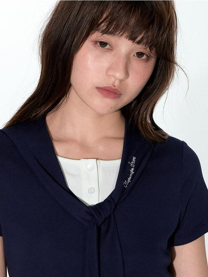 NAPSNAPS Navy White Sailor Collar Spliced Embroidered Women&