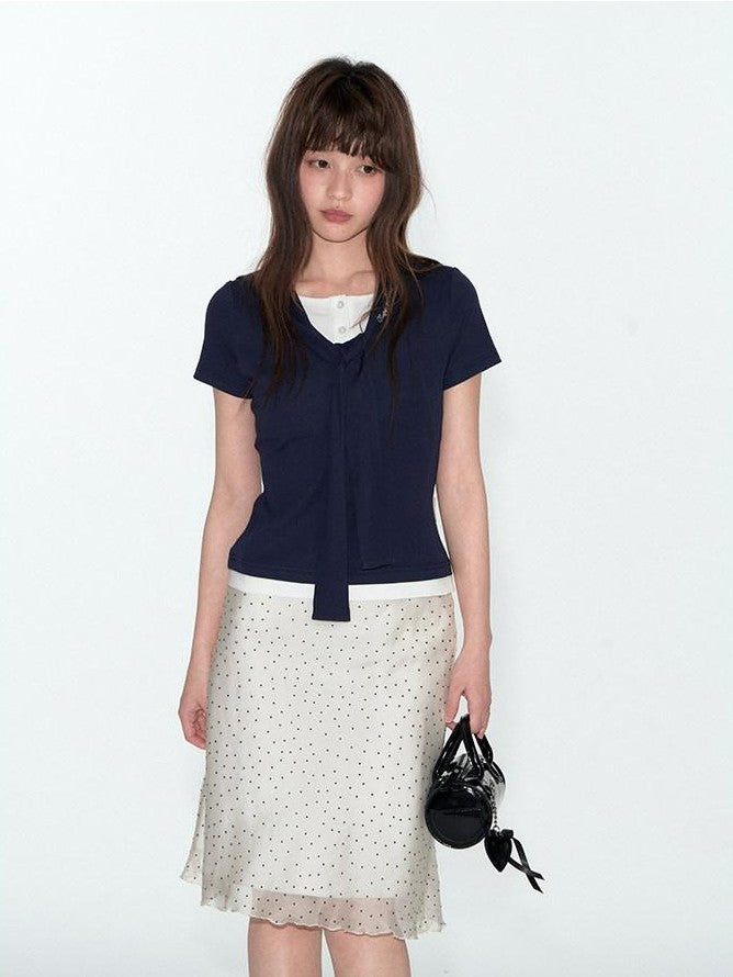 NAPSNAPS Navy White Sailor Collar Spliced Embroidered Women&