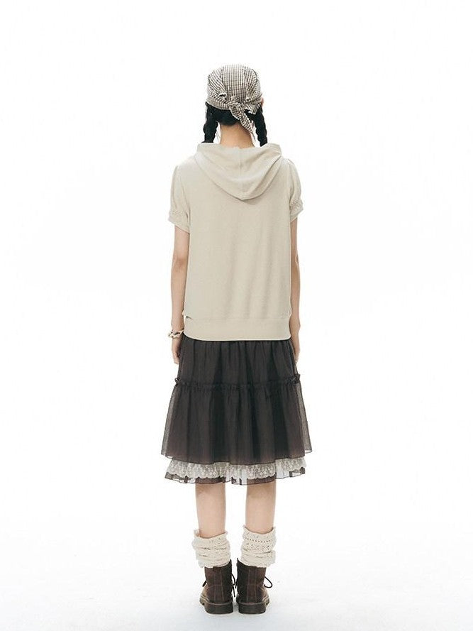 NAPSNAPS Oatmeal Hooded Printed Zip Puff Sleeve Loose Women&