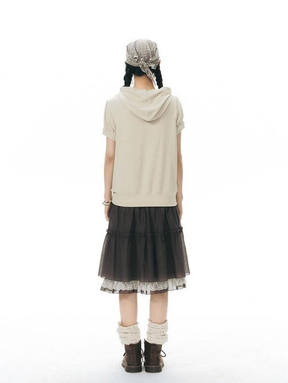 NAPSNAPS Oatmeal Hooded Printed Zip Puff Sleeve Loose Women&