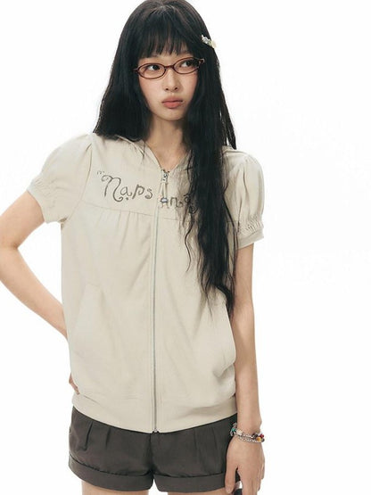 NAPSNAPS Oatmeal Hooded Printed Zip Puff Sleeve Loose Women&