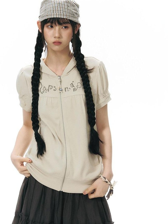 NAPSNAPS Oatmeal Hooded Printed Zip Puff Sleeve Loose Women&
