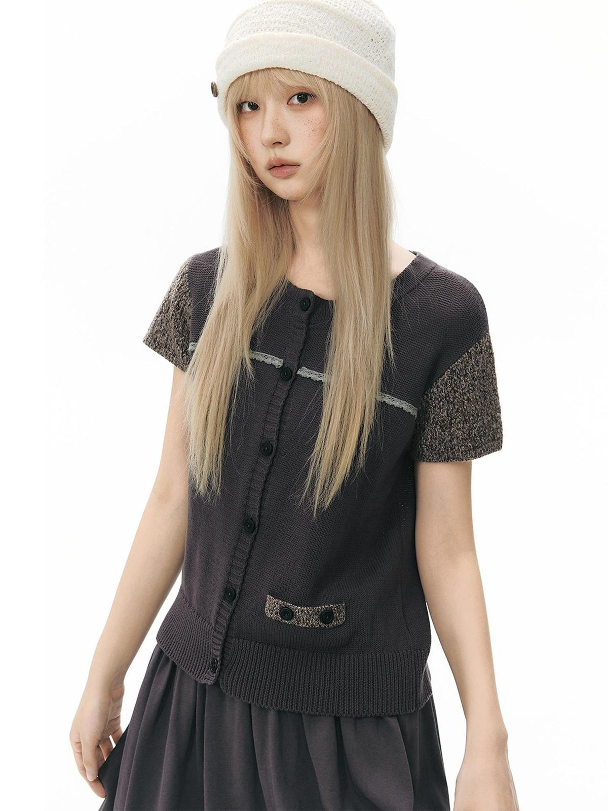 NAPSNAPS Openwork Contrast Short Sleeve Cropped Women&