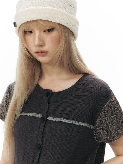 NAPSNAPS Openwork Contrast Short Sleeve Cropped Women&