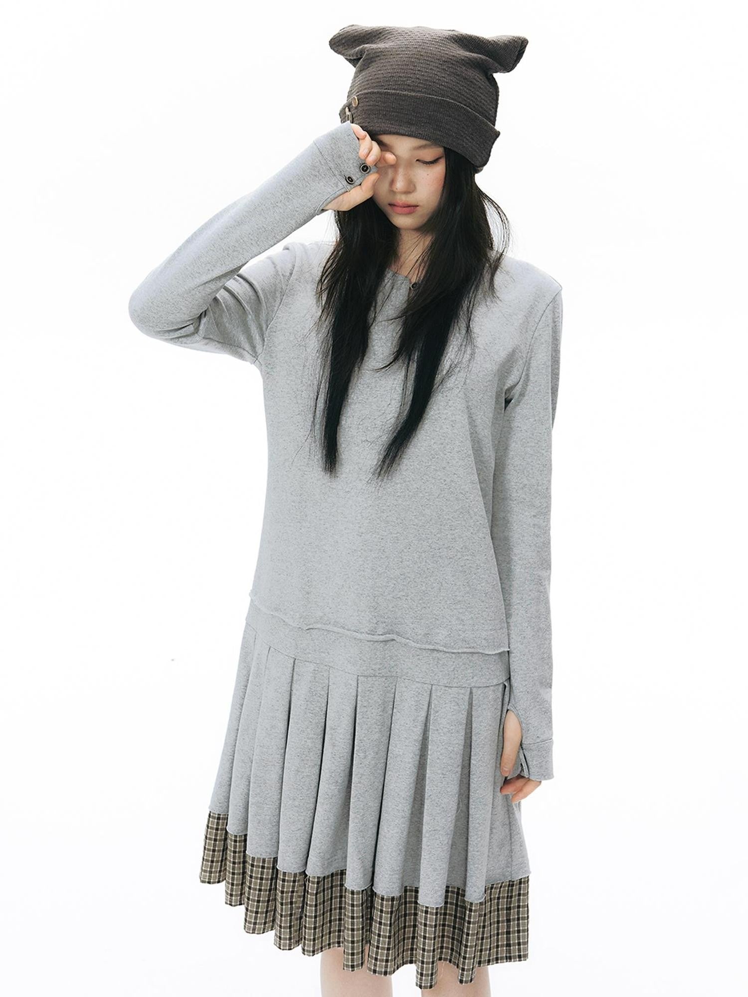 NAPSNAPS Patchwork Faux Two Piece Henley Knit Pleated Women&