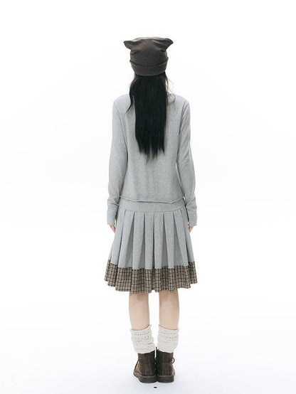 NAPSNAPS Patchwork Faux Two Piece Henley Knit Pleated Women&