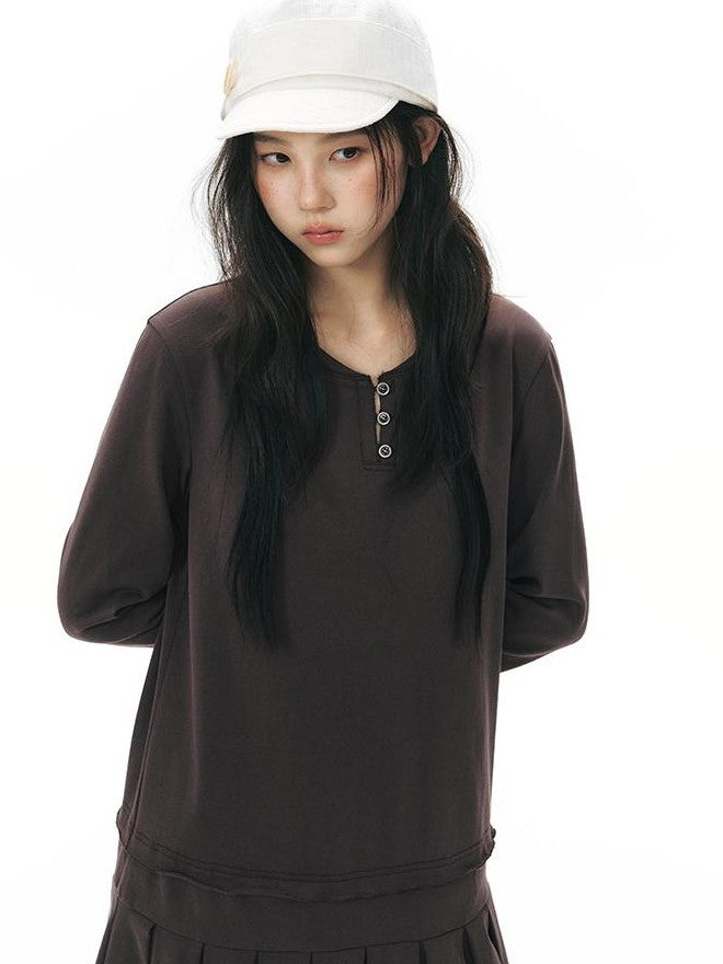 NAPSNAPS Patchwork Faux Two Piece Henley Knit Pleated Women&