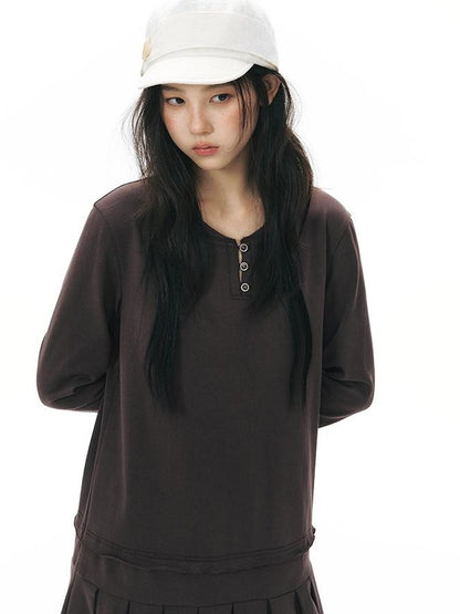 NAPSNAPS Patchwork Faux Two Piece Henley Knit Pleated Women&