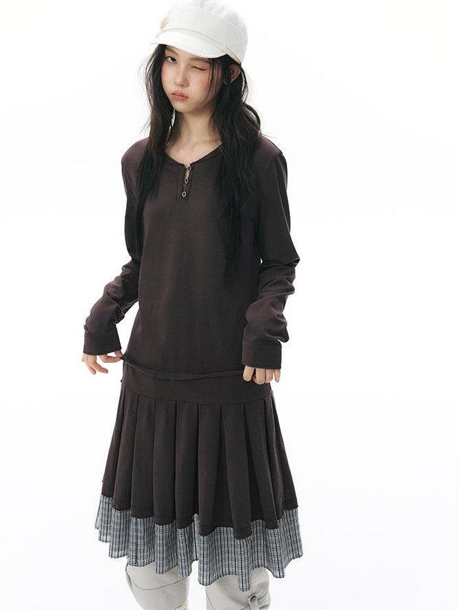 NAPSNAPS Patchwork Faux Two Piece Henley Knit Pleated Women&