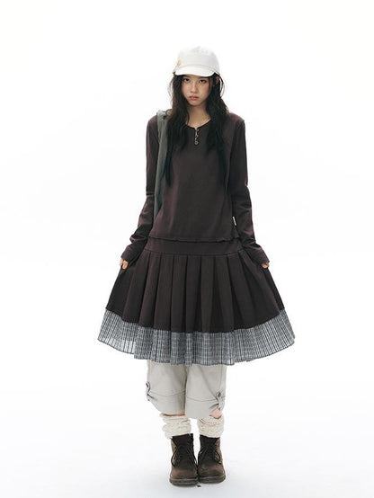 NAPSNAPS Patchwork Faux Two Piece Henley Knit Pleated Women&