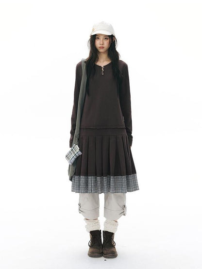 NAPSNAPS Patchwork Faux Two Piece Henley Knit Pleated Women&