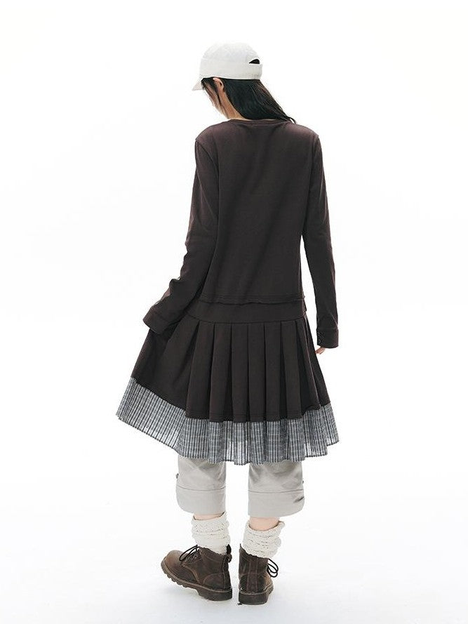 NAPSNAPS Patchwork Faux Two Piece Henley Knit Pleated Women&