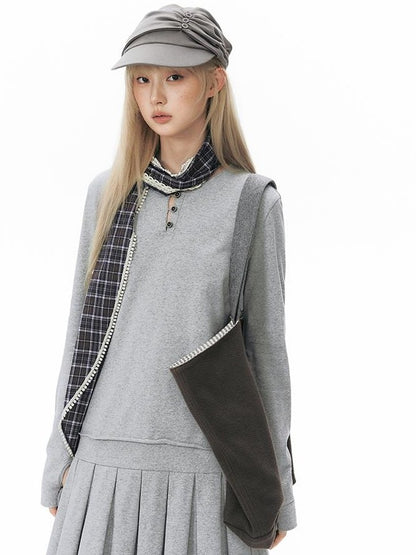 NAPSNAPS Patchwork Faux Two Piece Henley Knit Pleated Women&