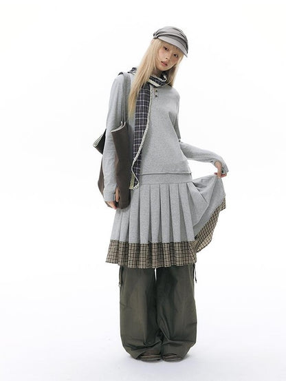 NAPSNAPS Patchwork Faux Two Piece Henley Knit Pleated Women&