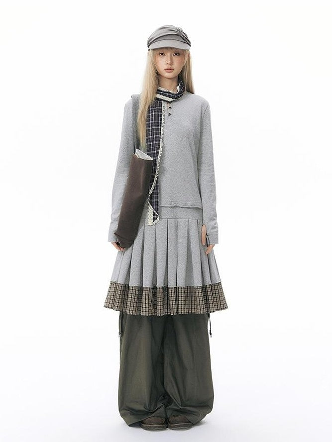 NAPSNAPS Patchwork Faux Two Piece Henley Knit Pleated Women&