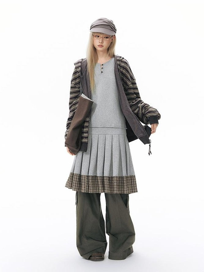 NAPSNAPS Patchwork Faux Two Piece Henley Knit Pleated Women&