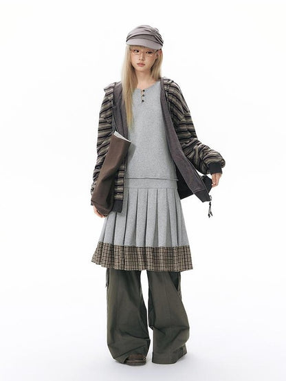 NAPSNAPS Patchwork Faux Two Piece Henley Knit Pleated Women&