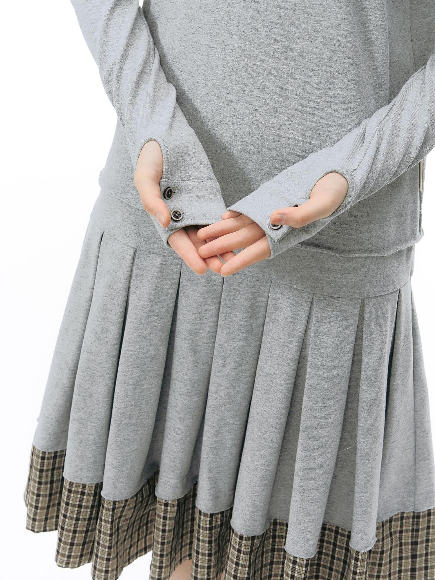 NAPSNAPS Patchwork Faux Two Piece Henley Knit Pleated Women&