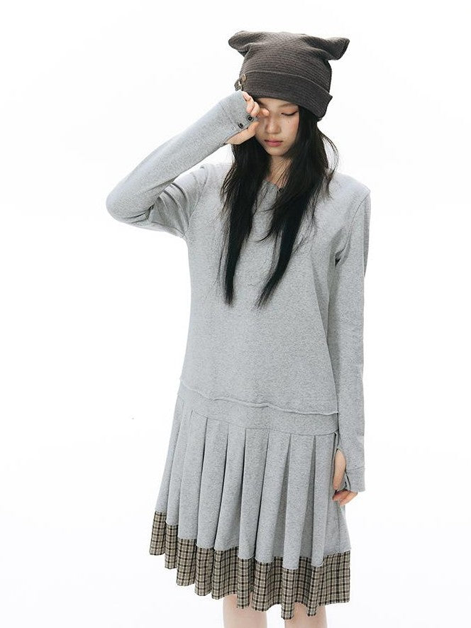 NAPSNAPS Patchwork Faux Two Piece Henley Knit Pleated Women&