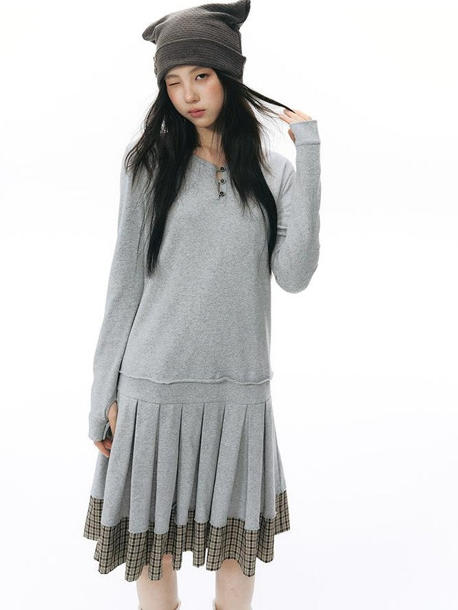 NAPSNAPS Patchwork Faux Two Piece Henley Knit Pleated Women&