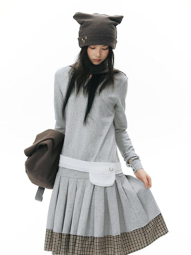 NAPSNAPS Patchwork Faux Two Piece Henley Knit Pleated Women&