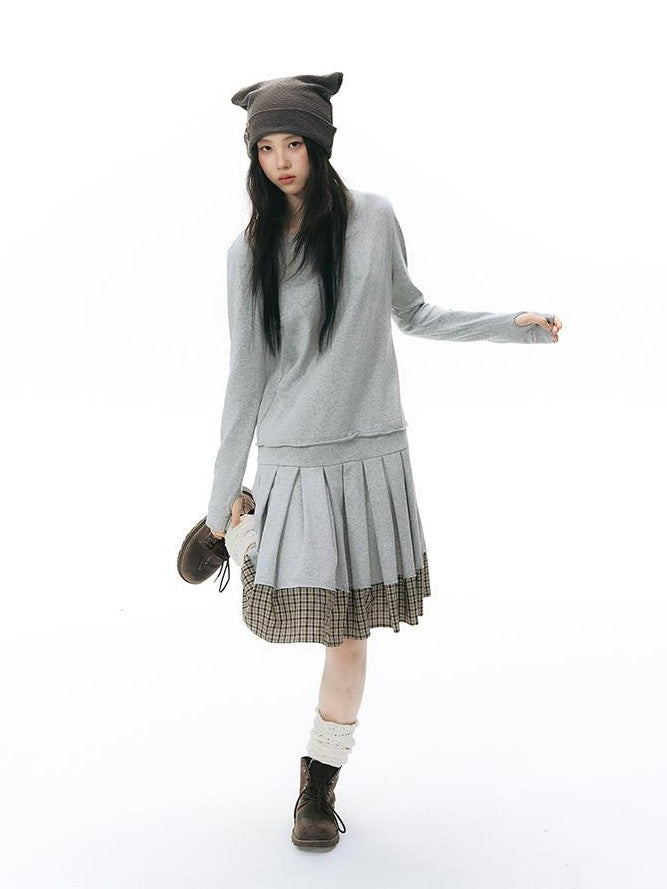NAPSNAPS Patchwork Faux Two Piece Henley Knit Pleated Women&
