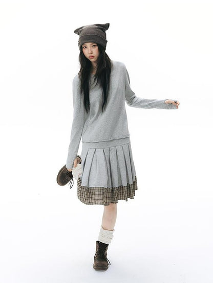 NAPSNAPS Patchwork Faux Two Piece Henley Knit Pleated Women&