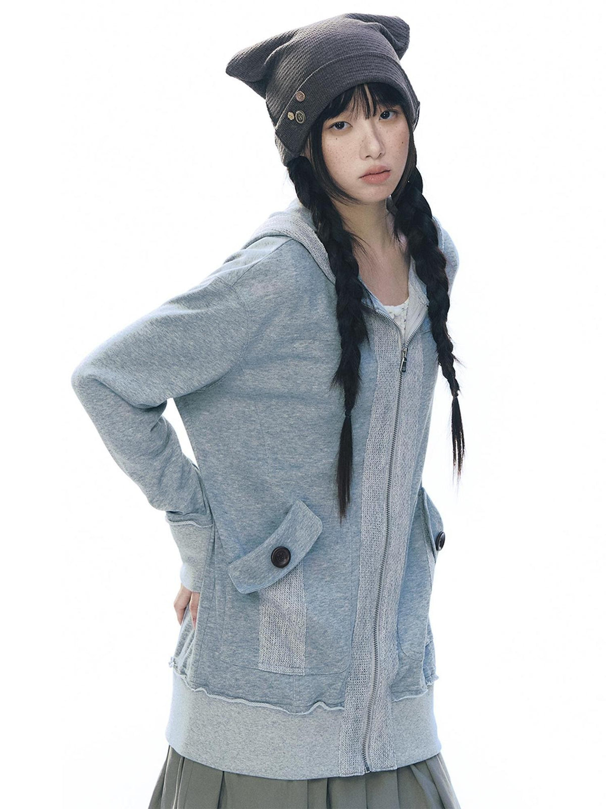 NAPSNAPS Patchwork Knit Hooded Drop Shoulder Women&