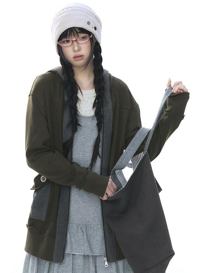 NAPSNAPS Patchwork Knit Hooded Drop Shoulder Women&