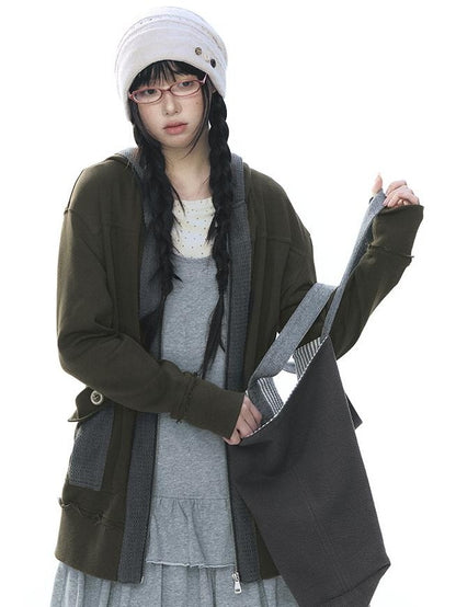 NAPSNAPS Patchwork Knit Hooded Drop Shoulder Women&