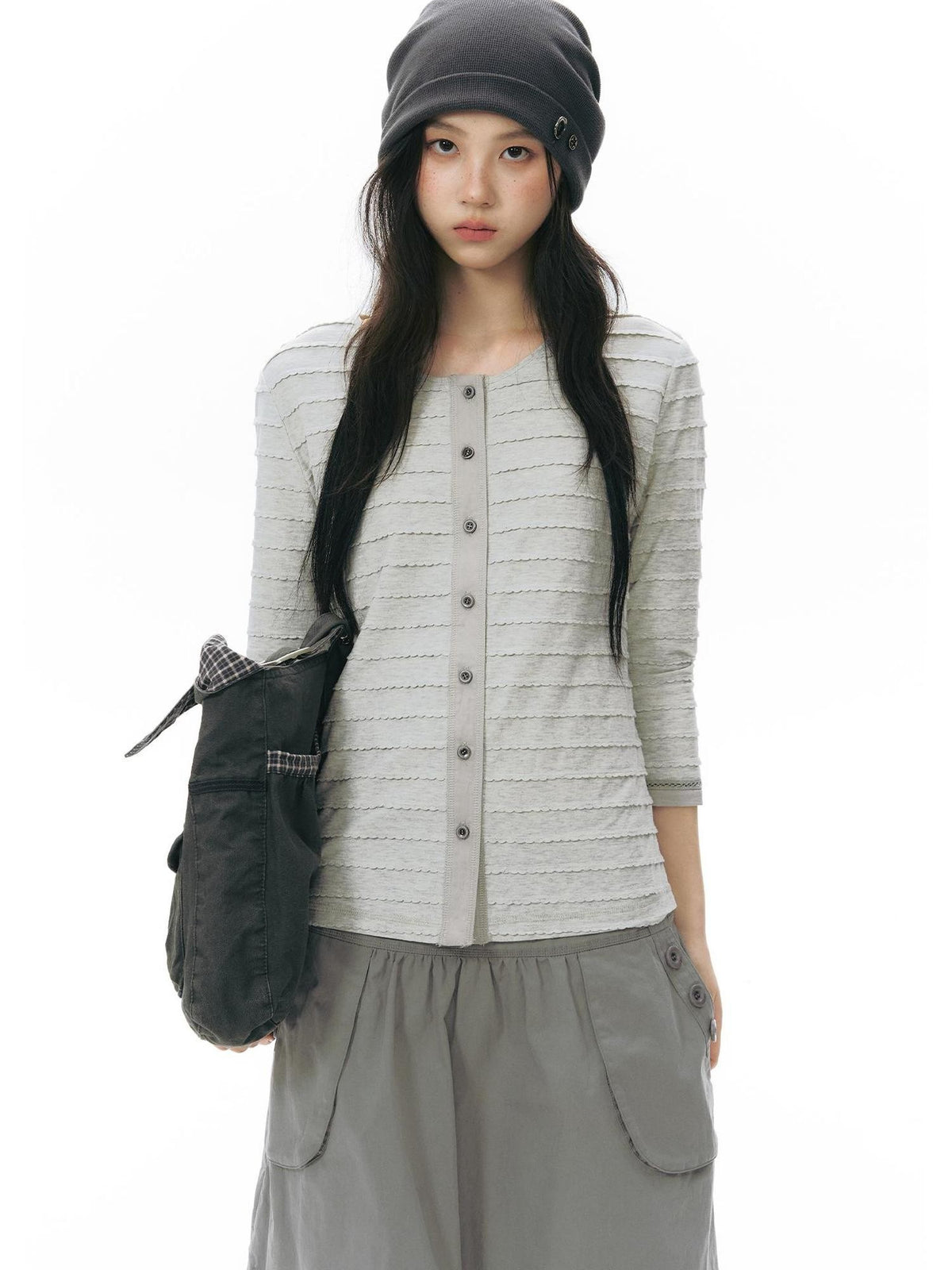 NAPSNAPS Patchwork Knit Round Neck Three Quarter Sleeve Women&
