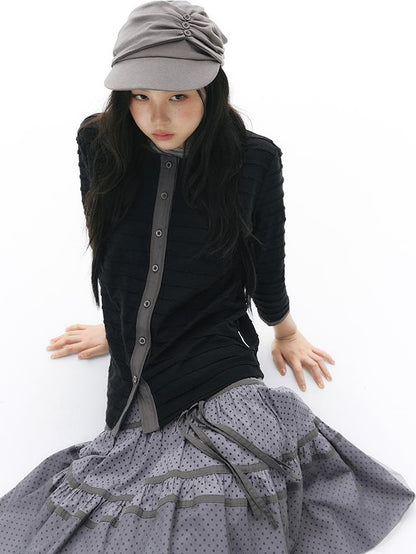 NAPSNAPS Patchwork Knit Round Neck Three Quarter Sleeve Women&