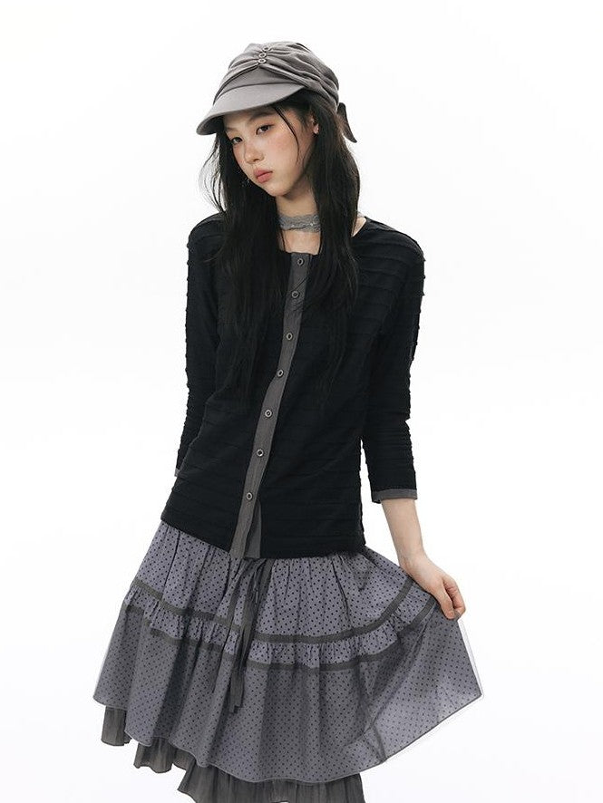 NAPSNAPS Patchwork Knit Round Neck Three Quarter Sleeve Women&