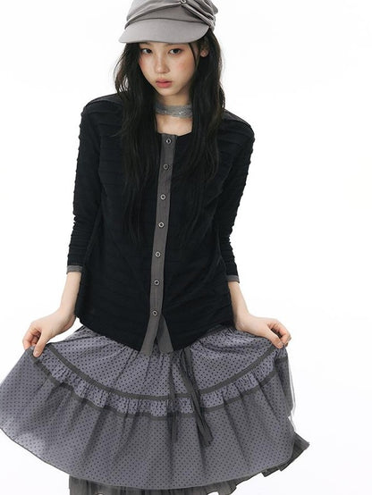 NAPSNAPS Patchwork Knit Round Neck Three Quarter Sleeve Women&