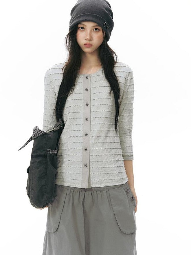 NAPSNAPS Patchwork Knit Round Neck Three Quarter Sleeve Women&