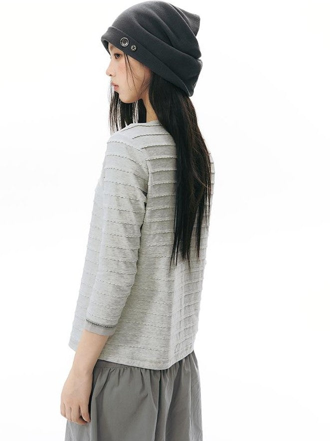 NAPSNAPS Patchwork Knit Round Neck Three Quarter Sleeve Women&