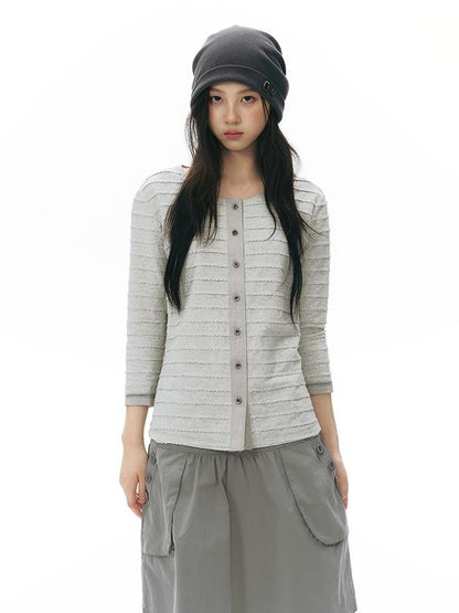 NAPSNAPS Patchwork Knit Round Neck Three Quarter Sleeve Women&