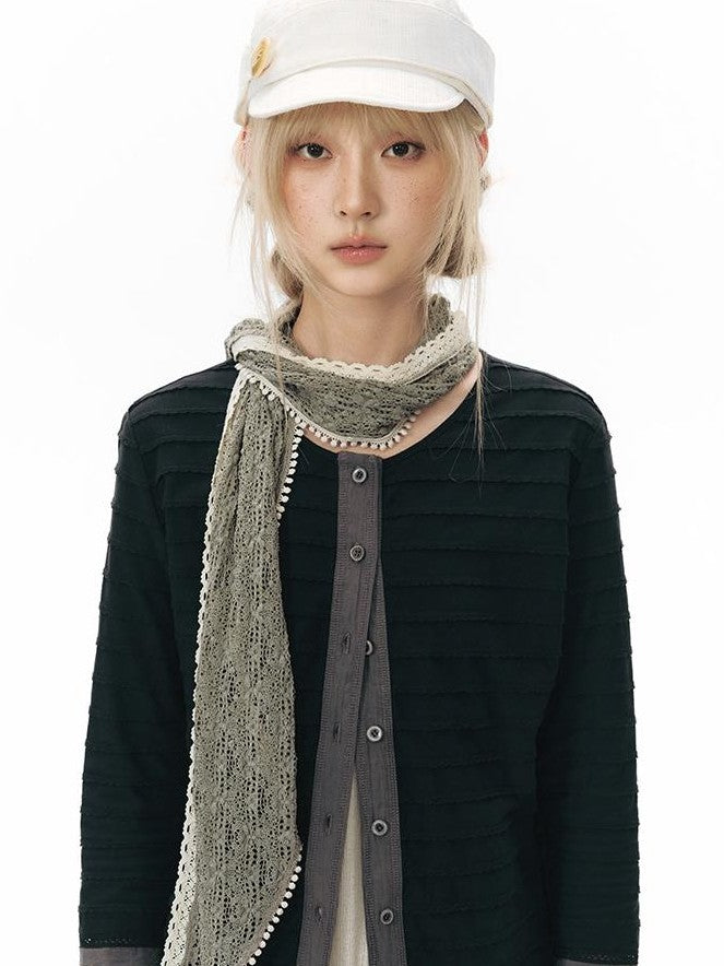 NAPSNAPS Patchwork Knit Round Neck Three Quarter Sleeve Women&