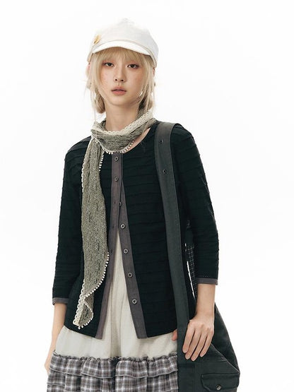 NAPSNAPS Patchwork Knit Round Neck Three Quarter Sleeve Women&