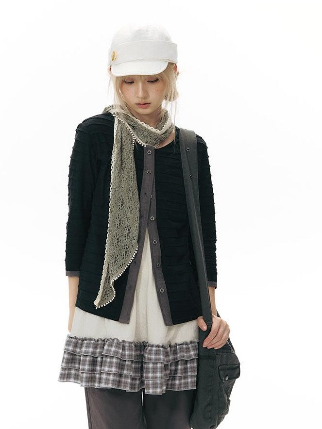 NAPSNAPS Patchwork Knit Round Neck Three Quarter Sleeve Women&
