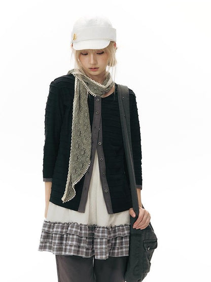 NAPSNAPS Patchwork Knit Round Neck Three Quarter Sleeve Women&