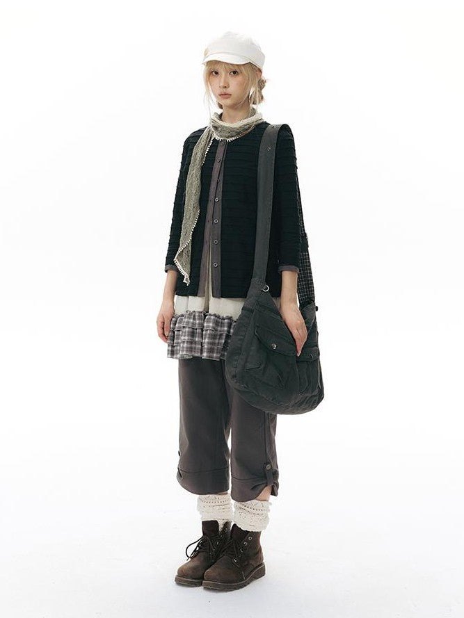 NAPSNAPS Patchwork Knit Round Neck Three Quarter Sleeve Women&