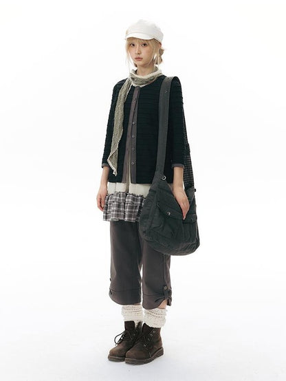 NAPSNAPS Patchwork Knit Round Neck Three Quarter Sleeve Women&
