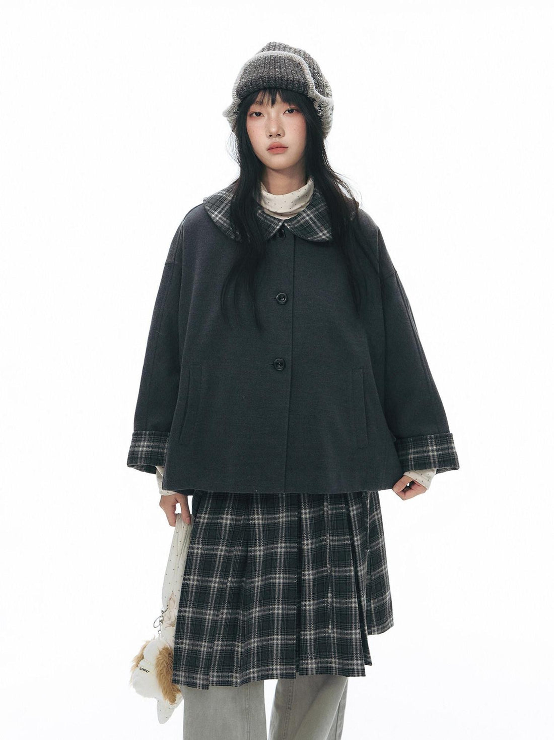 NAPSNAPS Patchwork Plaid Cape Doll Collar Bell Sleeve Women&