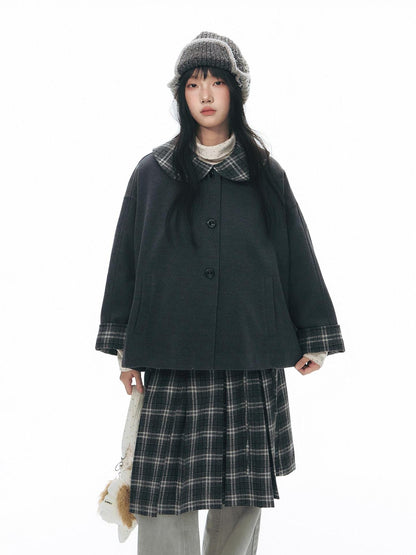 NAPSNAPS Patchwork Plaid Cape Doll Collar Bell Sleeve Women&